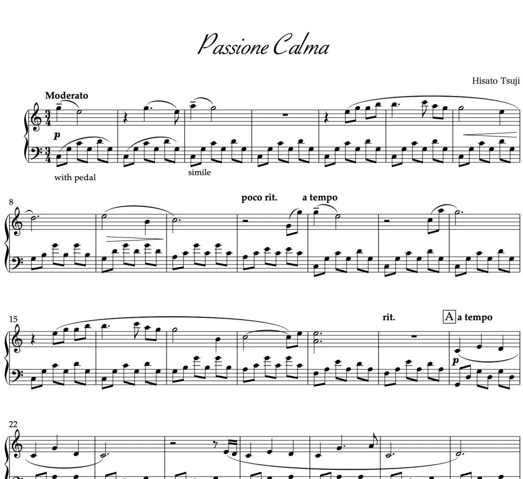 Piano Sheet Music of Passione Calma by Hisato Tsuji