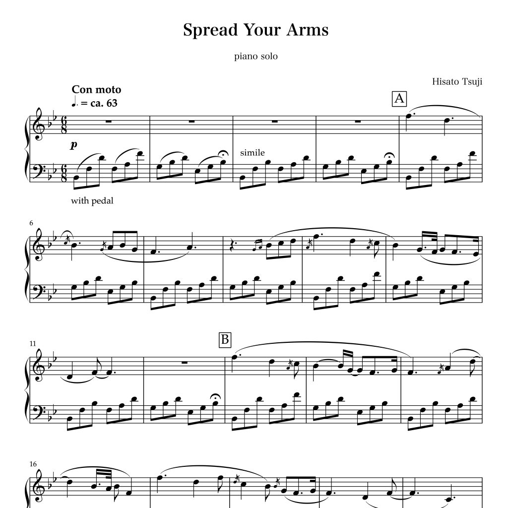 Piano Sheet Music of Spread Your Arms by Hisato Tsuji