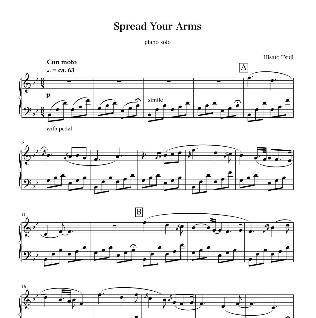 Piano Sheet Music of Spread Your Arms by Hisato Tsuji