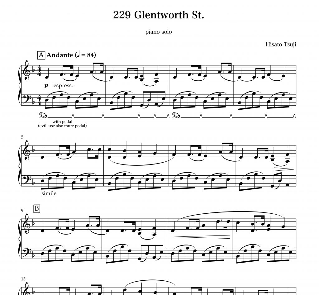 Piano Sheet Music of 229 Glentworth St. by Hisato Tsuji